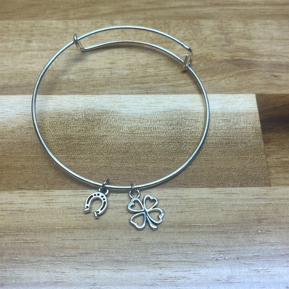 silver adjustable bangle bracelet with good luck charms